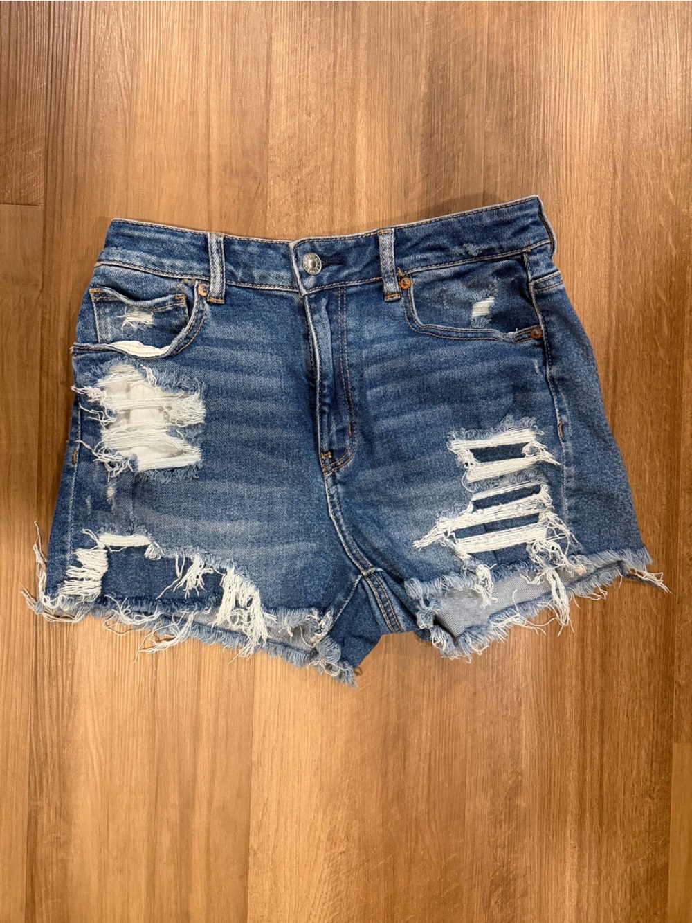American Eagle Outfitters High-Rise Distressed Denim Shorts - Blue
